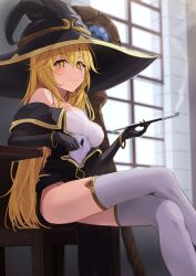 Rule 34 | 1girl, alternate costume, belt, black belt, black coat, black gloves, blonde hair, blurry, blurry background, bracelet, breasts, closed mouth, coat, commentary, crossed bangs, crossed legs, dress, elbow gloves, elbow rest, gloves, hair between eyes, hat, highres, holding, holding smoking pipe, jewelry, k3rd, large breasts, light smile, long hair, looking at viewer, off-shoulder coat, off shoulder, on chair, shokuhou misaki, sitting, smoking pipe, solo, strapless, strapless dress, symbol-only commentary, table, thighhighs, toaru kagaku no mental out, toaru kagaku no railgun, toaru majutsu no index, white dress, white thighhighs, window, witch, witch hat, wooden chair, wooden table, yellow eyes