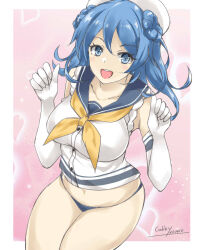 Rule 34 | 1girl, blue eyes, blue hair, blue panties, breasts, cowboy shot, double bun, elbow gloves, gakky, gloves, hair bun, hat, kantai collection, large breasts, looking at viewer, neckerchief, no pants, one-hour drawing challenge, open mouth, panties, round teeth, sailor hat, school uniform, serafuku, sleeves rolled up, smile, solo, teeth, underwear, upper teeth only, urakaze (kancolle), white gloves, white hat, yellow neckerchief