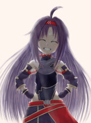 Rule 34 | 1girl, armor, bare shoulders, belt, blush, breastplate, closed eyes, commentary request, gloves, grin, hands on own hips, hdo-sougetsu, headband, highres, long hair, purple hair, red belt, red headband, smile, solo, sword art online, yuuki (sao)