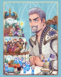 Rule 34 | beard, blue background, blue eyes, cake, cape, character request, coat, colored skin, crown, doll, facial hair, flower, food, grey hair, highres, king, king magnifico, looking at another, male focus, mature male, momochi (bmbmomomo), mustache, rose, short hair, smile, solo focus, teeth, thick eyebrows, thick mustache, white cape, white coat, white flower, white rose, white skin, wish (disney)