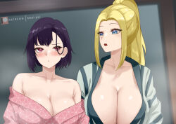 Rule 34 | 2girls, absurdres, amai-pai, asymmetrical bangs, beatrix amerhauser, blonde hair, blue eyes, breasts, cleavage, collarbone, commentary, english commentary, green kimono, hair behind ear, highres, huge breasts, japanese clothes, kimono, large breasts, long hair, looking at another, looking to the side, mikazuki shizuka, multiple girls, off shoulder, open mouth, parted lips, patreon username, pink eyes, pink kimono, ponytail, purple hair, short hair, upper body, yukata, zom 100: zombie ni naru made ni shitai 100 no koto