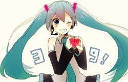 Rule 34 | 1girl, 39, aqua eyes, aqua hair, bad id, bad pixiv id, detached sleeves, grin, hatsune miku, headset, heart, heart hands, kashiko, kashiko (coupy), long hair, necktie, no nose, one eye closed, simple background, skirt, smile, solo, twintails, very long hair, vocaloid, wink