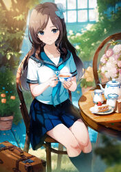 Rule 34 | 1girl, blouse, blue eyes, blue neckerchief, blue sailor collar, blue skirt, blue socks, blurry, blurry foreground, brown hair, cake, cake slice, closed mouth, cup, day, feet out of frame, flower, food, fork, hair ornament, holding, holding cup, kneehighs, long hair, looking at viewer, neckerchief, on chair, original, pink flower, plant, plate, pleated skirt, potted plant, sailor collar, school uniform, shirt, short sleeves, sitting, skirt, socks, solo, suitcase, table, teacup, teapot, tree, white flower, white shirt, wooden chair, wooden table, yoshitake