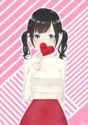 Rule 34 | 1girl, absurdres, black hair, blue eyes, blush, breasts, candy, commentary request, dated, diagonal stripes, food, hair tie, hand up, heart, heart-shaped lollipop, highres, holding, holding candy, holding food, holding lollipop, licking, lollipop, long sleeves, looking at viewer, midriff, mishima ryo, original, outline, red skirt, shaped lollipop, shirt, sidelocks, signature, skirt, sleeves past wrists, small breasts, solo, striped, striped background, tongue, tongue out, transparent, twintails, white outline, white shirt
