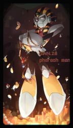 Rule 34 | 1boy, arm cannon, armor, black bodysuit, black border, blue gemstone, blurry, blurry foreground, bodysuit, boots, border, brooch, character name, chikichi, coin, crossed arms, english text, floating, full body, gem, glint, gloves, gold, hair ornament, helmet, highres, indoors, jewelry, jpeg artifacts, knee boots, knee pads, looking to the side, male focus, mega man (classic), mega man (series), mega man 4, necklace, nemes, pearl (gemstone), pharaoh man, red eyes, red gemstone, ring, shoulder armor, snake hair ornament, solo, treasure, underlighting, vambraces, weapon, white gloves, yellow footwear