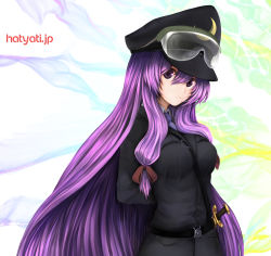 Rule 34 | 1girl, arms behind back, between breasts, blush, breasts, crescent, goggles, goggles on head, hachachi, hair ribbon, hat, large breasts, long hair, long sleeves, looking at viewer, military, military uniform, necktie, patchouli knowledge, purple eyes, purple hair, ribbon, sheath, sheathed, solo, strap between breasts, sword, touhou, uniform, weapon
