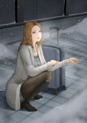 Rule 34 | 1girl, bad id, bad pixiv id, black eyes, boots, brown hair, brown pantyhose, cigarette, curly hair, eguchi123456, luggage, outdoors, pantyhose, realistic, rolling suitcase, snow, snowing, solo, suitcase