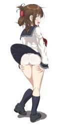 Rule 34 | 1girl, ass, black footwear, black skirt, blush, brown eyes, brown hair, dated, dd (ijigendd), folded ponytail, full body, hair between eyes, highres, inazuma (kancolle), kantai collection, kneepits, long hair, long sleeves, neckerchief, open mouth, panties, pleated skirt, red neckerchief, school uniform, serafuku, shoes, signature, simple background, skirt, solo, twitter username, underwear, white background, white panties