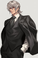 Rule 34 | 1boy, alternate costume, antonio salieri (fate), bad id, bad pixiv id, closed mouth, fate/grand order, fate (series), formal, gloves, grey background, grey hair, hair between eyes, hand in pocket, jacket, jacket on shoulders, looking at viewer, male focus, necktie, shirt, solo, sora yoshitake yuda, suit, upper body