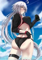 Rule 34 | 1girl, adjusting clothes, adjusting swimsuit, ahoge, ass, bikini, black bikini, black gloves, black jacket, blue sky, breasts, can, choker, cropped jacket, drink can, energy drink, fate/grand order, fate (series), gloves, grey hair, highres, isane, jacket, jeanne d&#039;arc alter (fate), jeanne d&#039;arc alter (swimsuit berserker) (fate), large breasts, long hair, long sleeves, looking at viewer, looking back, monster energy, o-ring, o-ring bikini, red thighhighs, shrug (clothing), single thighhigh, sky, soda can, solo, swimsuit, thigh strap, thighhighs, thighs, very long hair, wedgie, yellow eyes
