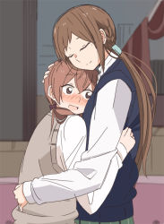 Rule 34 | 2girls, aihara miki, blush, bow, braid, brown hair, couple, closed eyes, from side, hair bow, hand on another&#039;s head, hug, long hair, long sleeves, low twintails, maki seina, miya (miyabi 24), multiple girls, okujou no yurirei-san, open mouth, smile, twintails, upper body, vest, yuri