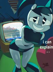 Rule 34 | 1girl, 9/11, aetherion, android, aqua hair, arms behind back, bare shoulders, black eyes, breasts, colored skin, crt, embarrassed, english text, highres, jenny wakeman, medium breasts, my life as a teenage robot, navel, open mouth, real life, robot, screw, solo, standing, sweat, television, thigh gap, twintails, twitter username, what, white skin, wide hips