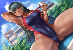 Rule 34 | 1girl, absurdres, arm behind head, armpits, ass, bare shoulders, black hair, blue eyes, blue skirt, blush, breasts, cleavage, cloud, competition swimsuit, dark skin, dutch angle, fence, highleg, highres, large breasts, long hair, looking at viewer, mole, mole under mouth, muscular, muscular female, one-piece swimsuit, open mouth, original, outdoors, sitting, skirt, solo, spread legs, swimsuit, toin (iitoin)