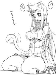 Rule 34 | 10s, 1girl, abyssal ship, animal ears, bare shoulders, blush, breasts, cat ears, cat tail, claws, detached sleeves, dress, greyscale, horns, jin (mugenjin), kantai collection, kemonomimi mode, large breasts, long hair, looking at viewer, monochrome, ribbed dress, ribbed sweater, seaport princess, short dress, sideboob, simple background, single horn, solo, sweater, sweater dress, tail, translation request, white background