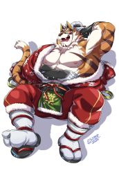 Rule 34 | 1boy, animal ears, bara, bare pectorals, beige fur, blush, bodysuit, bulge, christmas, cup, drooling, drunk, estper, facial hair, full body, fur-trimmed jacket, fur-trimmed legwear, fur trim, furry, furry male, goatee, highres, jacket, large pectorals, live a hero, lying, male focus, mask, masked, mature male, muscular, muscular male, nipples, official alternate costume, on back, open clothes, open jacket, orange bodysuit, orange fur, pants, pectorals, pelvic curtain, red jacket, red pants, ryekie (drunk tiger) (live a hero), ryekie (live a hero), sakazuki, sandals, santa costume, short hair, smile, solo, spread legs, tail, tiger boy, tiger ears, tiger tail, two-tone fur