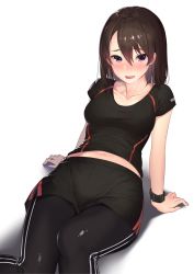 Rule 34 | 1girl, :o, arms behind back, black pants, black shirt, black shorts, blush, breasts, breath, full-face blush, hair between eyes, highres, kagematsuri, leaning back, looking at viewer, medium breasts, midriff, midriff peek, navel, open mouth, pants, shirt, shorts, simple background, smile, solo, track pants, watch, white background, wristwatch