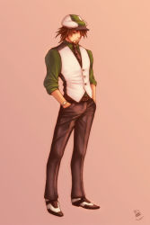Rule 34 | 10s, 1boy, brown eyes, brown hair, cabbie hat, facial hair, full body, gradient background, hands in pockets, hat, kaburagi t. kotetsu, male focus, necktie, short hair, solo, stacy navka, stubble, tiger &amp; bunny, vest, waistcoat