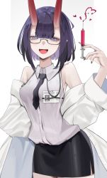 Rule 34 | 1girl, absurdres, alternate costume, bare shoulders, bespectacled, bob cut, breasts, collared shirt, commentary, cowboy shot, doctor, eyeliner, fang, fate/grand order, fate (series), glasses, heart, highres, holding, holding syringe, horns, lab coat, looking at viewer, makeup, medium breasts, necktie, off shoulder, oni, open mouth, pencil skirt, purple eyes, purple hair, san (harutuki 3), shirt, short hair, shuten douji (fate), simple background, skin-covered horns, skirt, sleeveless, sleeveless shirt, smile, solo, stethoscope, syringe, white background