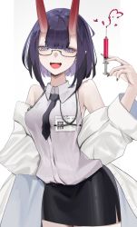 1girl absurdres alternate_costume bare_shoulders bespectacled bob_cut breasts collared_shirt commentary cowboy_shot doctor eyeliner fang fate/grand_order fate_(series) glasses heart highres holding holding_syringe horns lab_coat looking_at_viewer makeup medium_breasts necktie off_shoulder oni open_mouth pencil_skirt purple_eyes purple_hair san_(harutuki_3) shirt short_hair shuten_douji_(fate) simple_background skin-covered_horns skirt sleeveless sleeveless_shirt smile solo stethoscope syringe white_background