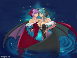 Rule 34 | 2girls, aqua hair, ark (morita hitomi), bare shoulders, blue pantyhose, breasts, bridal gauntlets, capcom, character name, cleavage, demon girl, eye contact, feathers, female focus, flat chest, hand on own hip, head wings, hip focus, hug, imminent kiss, incest, large breasts, leotard, lilith aensland, looking at another, morrigan aensland, multiple girls, open wings, pantyhose, print legwear, purple hair, purple legwear, red leotard, siblings, sisters, vampire (game), wallpaper, water, wings, yuri