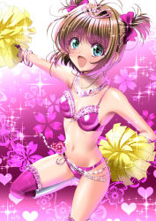 Rule 34 | 1girl, antenna hair, bikini, bishie sparkle, bracelet, breasts, brown hair, cardcaptor sakura, cheerleader, commentary request, cowboy shot, floral background, green eyes, jewelry, kinomoto sakura, necklace, open mouth, pink background, pink bikini, pink thighhighs, pom pom (cheerleading), sen (sansui), short hair, small breasts, smile, solo, sparkle background, swimsuit, thighhighs, tiara, twintails