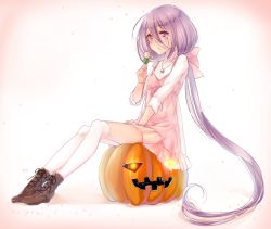 Rule 34 | 1girl, ankle boots, bad id, bad nicoseiga id, blush, boots, closed mouth, cross-laced footwear, dango, dress, food, gradient background, hair ribbon, jack-o&#039;-lantern, jewelry, kyara36, lace-up boots, long hair, necklace, original, pink dress, purple eyes, purple hair, ribbon, shoelaces, sitting, socks, solo, wagashi, white socks