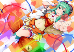 Rule 34 | 1girl, :d, animal, belt, boots, brooch, buckle, rabbit, chin (pixipixi), covered navel, dutch angle, gem, green eyes, green hair, green theme, gumi, headphones, headset, heart, jewelry, knee boots, bridal garter, looking at viewer, lying, matching hair/eyes, midriff, open mouth, orange skirt, outstretched arm, parted lips, short hair, short hair with long locks, skin tight, skirt, smile, solo, vest, vocaloid, wrist cuffs