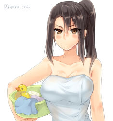 Rule 34 | 10s, 1girl, artist name, bare shoulders, basin, black hair, brown eyes, collarbone, holding, kantai collection, long hair, looking at viewer, maruki (punchiki), nachi (kancolle), ponytail, rubber duck, shiny skin, side ponytail, sidelocks, simple background, solo, towel, wash cloth, white background