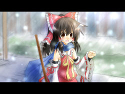 Rule 34 | 1girl, bamboo broom, blush, bow, broom, brown eyes, brown hair, detached sleeves, dress, female focus, hair bow, hair tubes, hakurei reimu, japanese clothes, letterboxed, long hair, miko, open mouth, perfect cherry blossom, pointing, ponytail, red dress, ribbon, sarashi, scarf, snow, solo, standing, sweatdrop, touhou, yurume atsushi