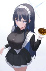 Rule 34 | 1girl, absurdres, alternate costume, black dress, black hair, blue archive, blue eyes, blue hair, blue halo, blurry, breasts, button gap, closed mouth, commentary request, depth of field, doughnut, dress, enmaided, food, halo, hand up, highres, holding, holding plate, large breasts, light blush, long sleeves, looking at viewer, lumoon, maid, maid headdress, plate, pleated dress, saori (blue archive), simple background, solo, white background, white headdress