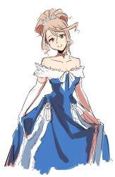 Rule 34 | 10s, 1girl, alisha diphda, aqua eyes, bare shoulders, breasts, brown hair, choker, cleavage, dress, elbow gloves, gloves, hair ornament, open mouth, ponytail, tales of (series), tales of zestiria