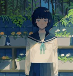 Rule 34 | 1girl, aqua ribbon, arms at sides, bird, black hair, blue collar, blue skirt, blunt bangs, bright pupils, closed mouth, collar, daisy, day, flower, foliage, grey eyes, high-waist skirt, ivy, leaf, light frown, long sleeves, looking at viewer, neck ribbon, original, outdoors, painterly, plant, pleated skirt, pocket, pofu31, potted plant, railing, ribbon, school uniform, serafuku, shade, shadow, shelf, short hair, sidelighting, skirt, solo, standing, straight-on, sunlight, white pupils, white serafuku, wispy bangs
