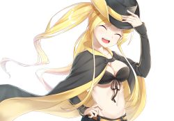 Rule 34 | 1girl, ^ ^, absurdres, azur lane, belt, blonde hair, breasts, cape, cleavage, closed eyes, commentary request, cowboy hat, front-tie top, hat, highres, hornet (azur lane), karla (kimidori3), large breasts, long hair, navel, open mouth, short shorts, shorts, solo, twintails, upper body, very long hair, white background