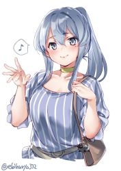 Rule 34 | 1girl, alternate costume, bag, belt, blue eyes, blue hair, blush, closed mouth, dress, ebifurya, gotland (kancolle), hair between eyes, highres, kantai collection, long hair, looking at viewer, mole, mole under eye, ponytail, sheep, simple background, solo, toy, white background