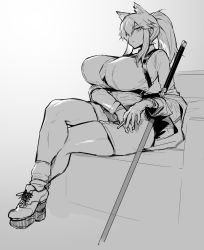 Rule 34 | 1girl, alternate breast size, animal ears, arknights, breasts, closed mouth, crossed legs, full body, greyscale, highres, huge breasts, jacket, kneehighs, long hair, long sleeves, looking at viewer, melon22, monochrome, off shoulder, official alternate costume, open clothes, open jacket, planted, planted sword, planted weapon, ponytail, shorts, sidelocks, sitting, slit pupils, socks, solo, sword, texas (arknights), texas (willpower) (arknights), v-shaped eyebrows, weapon, wolf ears