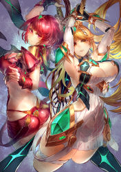 Rule 34 | 2girls, armpits, arms up, ass, bare shoulders, breasts, cleavage, elbow gloves, gloves, highres, large breasts, long hair, looking at viewer, multiple girls, mythra (xenoblade), nintendo, parted lips, pink eyes, pyra (xenoblade), red hair, short hair, short shorts, shorts, signo aaa, skirt, smile, sword, weapon, white gloves, xenoblade chronicles (series), xenoblade chronicles 2, yellow eyes