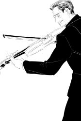 Rule 34 | 1boy, chengongzi123, closed mouth, collared coat, cowboy shot, facial hair, goatee stubble, golden kamuy, greyscale, hands up, highres, holding, holding instrument, instrument, kikuta mokutaro, long sleeves, looking at object, male focus, monochrome, music, mustache stubble, pants, playing instrument, short hair, simple background, smile, solo, standing, stubble, very short hair, violin, white background