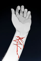 Rule 34 | 1other, ambiguous gender, artist name, black background, blood, bow, chinese commentary, commentary request, dated, hand focus, highres, lubuting, original, red bow, self-harm, simple background, wrist cutting