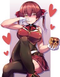 Rule 34 | 1girl, absurdres, ascot, belt, black thighhighs, blush, bodystocking, breasts, brooch, cleavage, closed mouth, commentary, cropped jacket, crossed legs, cup, gloves, hair between eyes, hair ribbon, half-closed eyes, heart, heterochromia, highres, holding, holding cup, hololive, houshou marine, huge filesize, invisible chair, jacket, jewelry, large breasts, leotard, leotard under clothes, lips, looking at viewer, medium hair, miniskirt, pleated skirt, purple background, red ascot, red eyes, red hair, red jacket, red skirt, ribbon, see-through, see-through cleavage, see-through leotard, simple background, sitting, skirt, skull, sleeveless, sleeveless jacket, smile, solo, takahan, thighhighs, thighs, twintails, two-tone background, virtual youtuber, white background, white gloves, yellow eyes