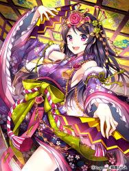 Rule 34 | 1girl, alternate color, breasts, detached sleeves, dual wielding, hand fan, folding fan, hair ornament, holding, japanese clothes, long hair, looking at viewer, nardack, nene (sengoku saga), open mouth, purple eyes, purple hair, sengoku saga, sideboob, smile, solo