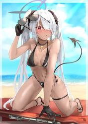 Rule 34 | 1girl, absurdres, alian2020, all fours, beach, bikini, black bikini, black choker, black gloves, black ribbon, blue archive, breasts, breasts apart, choker, dark-skinned female, dark skin, demon tail, eyes visible through hair, unworn eyewear, gloves, gun, hair ribbon, halo, highres, holding, holding removed eyewear, iori (blue archive), iori (swimsuit) (blue archive), long hair, looking at viewer, multi-strapped bikini bottom, navel, ocean, pointy ears, red eyes, ribbon, sandals, silver hair, small breasts, solo, sunglasses, swimsuit, tail, thigh strap, twintails, weapon