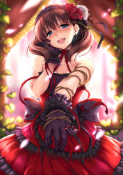 Rule 34 | 1girl, backlighting, bare shoulders, black gloves, blue eyes, blush, breasts, brown hair, collarbone, dress, earrings, floral print, flower, gloves, hair flower, hair ornament, hairband, hand on own cheek, hand on own face, heart, heart-shaped pupils, highres, idolmaster, idolmaster cinderella girls, idolmaster cinderella girls starlight stage, jewelry, large breasts, looking at viewer, medium breasts, open mouth, outstretched arm, pinky out, piromizu, red dress, red ribbon, ribbon, rose, sakuma mayu, short hair, smile, solo, stenciled rose, symbol-shaped pupils, thorns