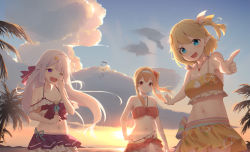 Rule 34 | 3girls, :d, bare arms, bare shoulders, bikini, blonde hair, blue eyes, blue sky, bow, breasts, closed mouth, cloud, collarbone, commentary request, copyright request, floating hair, flower, food-themed hair ornament, frilled bikini, frills, hair bow, hair flower, hair ornament, hairband, halterneck, halterneck, han (hehuihuihui), hand on own hip, highres, long hair, medium breasts, multiple girls, navel, one eye closed, open mouth, orange hair ornament, outdoors, purple bikini, purple eyes, red bikini, red bow, red eyes, red flower, side ponytail, sky, smile, sunset, swimsuit, very long hair, white hair, white hairband, yellow bikini