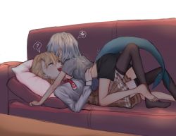 Rule 34 | 2girls, ass, barefoot, black legwear, blonde hair, blue eyes, brown skirt, clothes lift, collared shirt, commentary, couch, enot, fins, fish tail, gawr gura, girl on top, grey shirt, heart, heart print, highres, hololive, hololive english, long hair, long legs, looking at another, lying, lying on another, medium hair, multicolored hair, multiple girls, necktie, no shoes, on back, on couch, open mouth, pillow, pleated skirt, red neckwear, shark tail, shirt, shirt lift, short necktie, skinny, skirt, spoken heart, spoken squiggle, squiggle, tail, teeth, thighhighs, trembling, upper teeth only, virtual youtuber, watson amelia, watson amelia (1st costume), yuri
