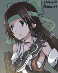 Rule 34 | 10s, 1girl, 2014, :o, armpits, bare shoulders, black gloves, brown eyes, brown hair, cannon, collarbone, dated, detached sleeves, elbow gloves, gloves, grey background, headband, highres, jintsuu (kancolle), jintsuu kai ni (kancolle), kantai collection, long hair, looking to the side, machinery, mku, open mouth, sarashi, simple background, solo, turret, twitter username