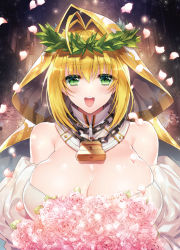 Rule 34 | 1girl, :d, ahoge, blonde hair, bouquet, breasts, bride, chain, cleavage, detached collar, fate/grand order, fate (series), flower, green eyes, hair intakes, head wreath, holding, holding bouquet, huge breasts, kurumi moka, lock, looking at viewer, nero claudius (bride) (fate), nero claudius (bride) (third ascension) (fate), nero claudius (fate), nero claudius (fate) (all), open mouth, padlock, petals, pink flower, pink rose, puffy sleeves, revision, rose, rose petals, short hair, smile, solo, sparkle, upper body, veil, white flower, white sleeves