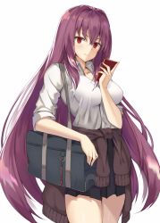 Rule 34 | &gt;:(, 1girl, alternate costume, black skirt, blush, breasts, brown jacket, buttons, casual, cellphone, closed mouth, clothes around waist, collarbone, collared shirt, cowboy shot, dress shirt, fate/grand order, fate (series), frown, hair intakes, holding, holding phone, jacket, jacket around waist, kanikou, long hair, long sleeves, looking at viewer, medium breasts, phone, pleated skirt, purple hair, red eyes, scathach (fate), serious, shirt, simple background, skirt, sleeves past elbows, sleeves pushed up, smartphone, solo, standing, straight hair, thighs, v-shaped eyebrows, very long hair, white background, white shirt, wing collar