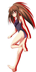 Rule 34 | bad id, bad pixiv id, barefoot, brown hair, feet, highres, legs, little busters!, long hair, long image, natsume rin, one-piece swimsuit, ponytail, red eyes, school swimsuit, solo, swimsuit, tall image, tera hiroshi