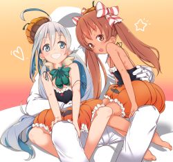 Rule 34 | 10s, 2girls, admiral (kancolle), ahoge, bare shoulders, blush, brown eyes, brown hair, commentary request, dress, grey eyes, grey hair, hair ribbon, halloween, hat, highres, jack-o&#039;-lantern, kantai collection, kiyoshimo (kancolle), libeccio (kancolle), long hair, looking at viewer, low twintails, multiple girls, nikke (cherish), open mouth, pumpkin hat, pumpkin skirt, ribbon, sitting, sitting on lap, sitting on person, skirt, smile, twintails, very long hair