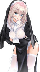 Rule 34 | 1girl, blaze (blazeillust), blonde hair, blue eyes, blush, breasts, cosplay, cross, cross necklace, girls und panzer, highres, itsumi erika, jewelry, large breasts, looking at viewer, necklace, nun, open mouth, simple background, smile, solo, thighhighs, white background, white thighhighs